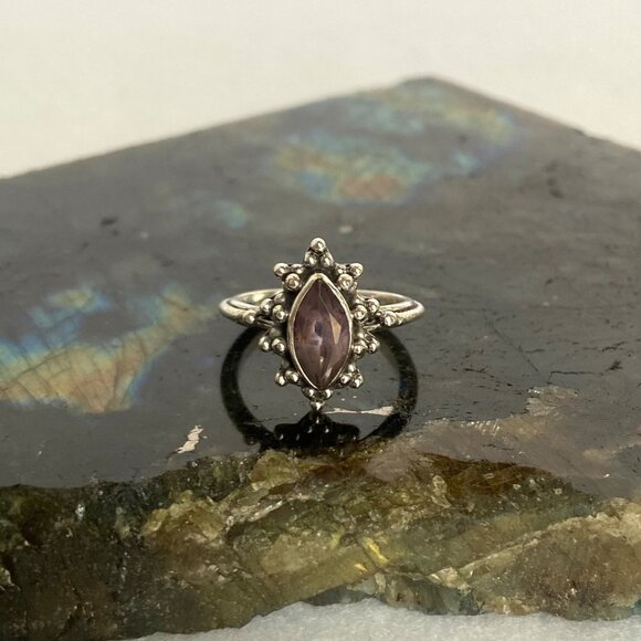 Sterling Silver 925 Bezel Set Marquise Amethyst Solitaire Ring Sz 5 - Picture 2 of 16